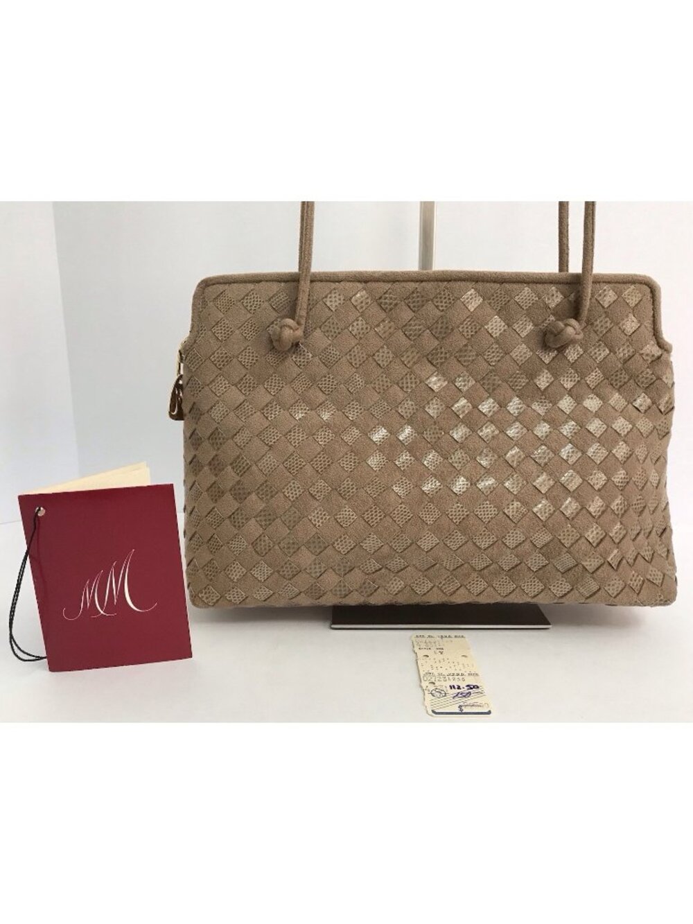 Vintage Morris Moskowitz Brown Tan Beige Leather Ultra Suede Weave Handbag